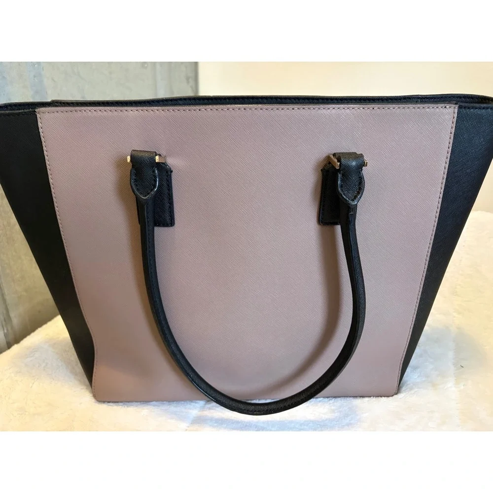 Kate Spade New York Saffiano Leather Tote Bag Black Taupe Colorblock Handbag